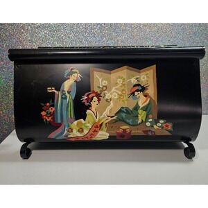 Vintage MCM Handpainted Metal Magazine Rack Geisha Litho Gold Scroll Chinoiserie